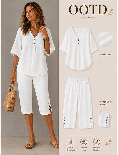  Camicie da donna effetto lino, camicetta, bottoni, tinta unita, casual, elegante, basic, manica a 3/4, scollo a V, top casual, blu, bianco, giallo, verde, grigio, estate, primavera, autunno