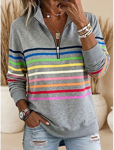  Damskie Bluza z kapturem Niejednolita całość Nadruk Quarter Zip Równina Prążki Elegancja Ciepłe Klasyczny Długi rękaw Klapa Zwykłe topy Dom Praca Ulica Granatowy Zielony Szary Jesień Zima
