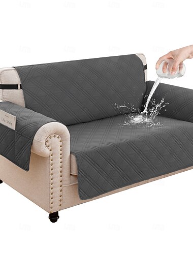  Capa para sofá de 2 lugares para animais de estimação, 100% impermeável e resistente a derramamentos, capa acolchoada de 4 camadas com bolsos laterais, antiderrapante, lavável, protetora de móveis
