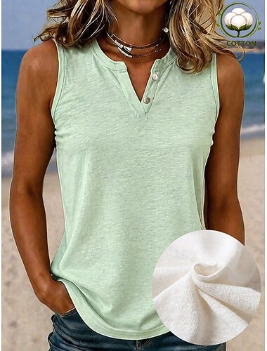  Mujer Camisa Blusa con textura Tops de verano Plano Elegante Clásico Sin Mangas Escote en Pico Henley Tops regulares Casual Blanco Verde Claro Púrpula Claro Azul claro Verano Primavera