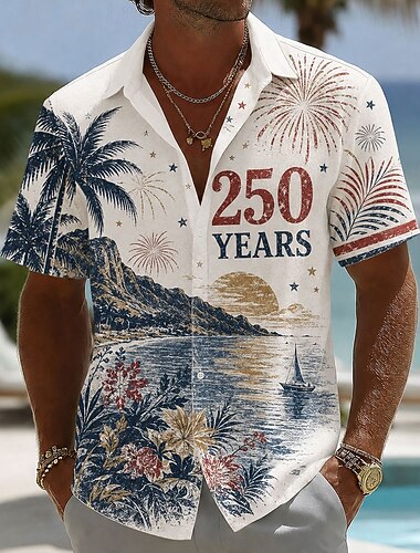  4 luglio 2026 250° Per uomo Bandiera Americana Fuochi d'artificio Palma di Cocco Camicia Camicia Estiva Camicia con Bottoni Manica Corta Patriotico All'aperto Festival Estate Primavera Collo ripiegato