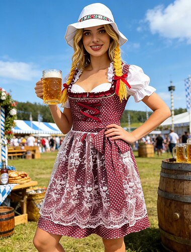  Oktoberfest Dirndl-Kleid Dirndl-Set Dirndlbluse Mini-Länge Bestickt Dienstmädchen Bayerisch Deutsch München Wiesn Damen Karneval Bier Festival Stoff im traditionellen Stil