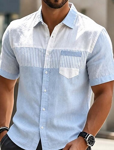  Heren Overhemd Linnen overhemd Zomer overhemd Normaal shirt Kleurenblok Casual Straat Hemelsblauw Khaki Grijs Korte mouw Overhemdkraag Zomer Lente Kleding Zak
