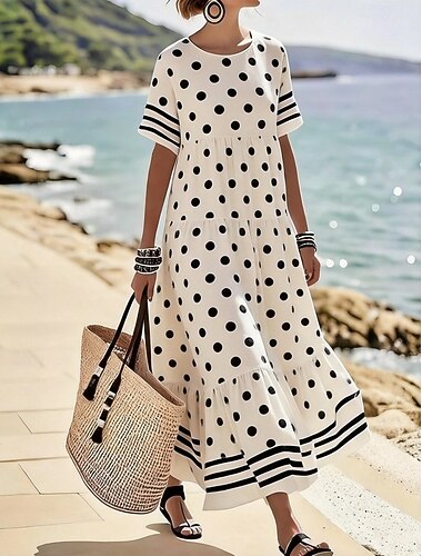  Damen Maxikleid Sommerkleid A Linie Kleid Figurbetontes Kleid Urlaub Party Lässig Outdoor Strand Party Lässiger Schnitt Blatt Tupfen Sonnenblume Kurzarm Rundhalsausschnitt Schwarz Gelb Rote Grün