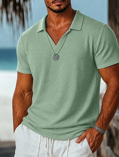  Homens Camisa de linho Camisas Polo Casual Férias Decote V Manga Curta Moda Côr Sólida Leve Botões Verão Primavera Branco Preto Azul Marinha Verde Escuro Marron Verde Camisa de linho