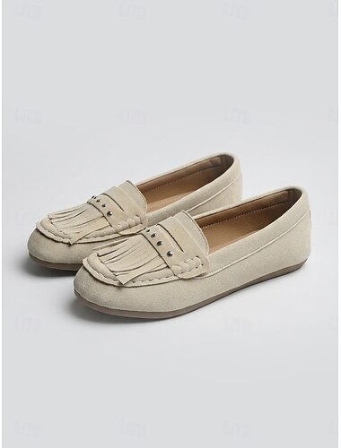  Beige Damen-Quastenslipper mit weichem Obermaterial aus Veloursimitat – bequeme Mokassin-Ballerinas zum Hineinschlüpfen mit Quasten &Nieten für Reisen, Shopping, Autofahren, Business Casual und