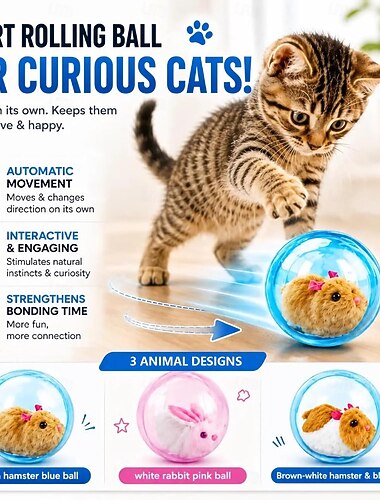  2 stk. smart rullende ballkatteleke, automatisk interaktiv selvbevegelig leke for innekatter og kattunger, bevegelsesaktivert kjedsomhetslindring med søt hamster/kanin inni, treningsleke for kjæledyr,