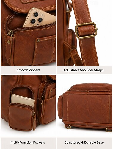  Zaino da donna vintage in similpelle, borsa da viaggio retrò di grande capacità con molteplici tasche per l'università, lo shopping e gli spostamenti quotidiani.