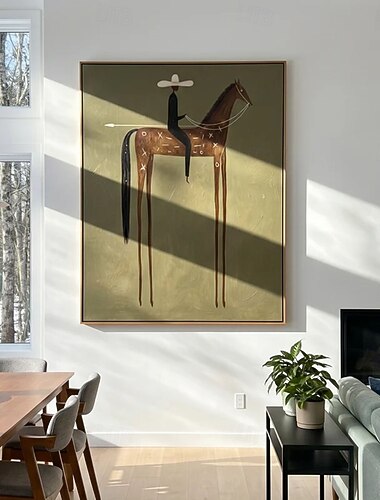  Pintura al óleo original del hombre negro sin rostro, arte mural de vaquero japonés, arte figurativo de hombre apuesto, pintura abstracta de jinete de caballo marrón, arte mural retro