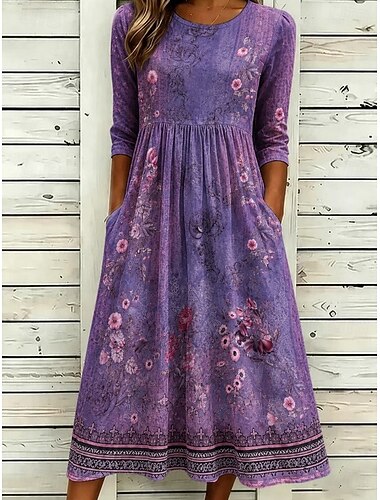  Pentru femei Rochii Midi Rochie de schimb Vacanță Casual Boho Zilnic Rochie de vară Rochie de primăvară Fit regulat Floral Grafic Manșon Jumate Stil Nautic Mov Trifoi Bej Vară Primăvară