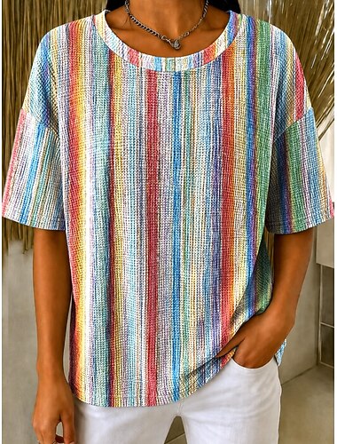  Dames Wafel T-shirt Gebreide tops met textuur Grafisch Geometrisch Gestreept Stijlvol Klassiek Korte mouw Strakke ronde hals Ronde hals Normale tops Casual Dagelijks Wit Zwart Lichtgroen Beige Zomer