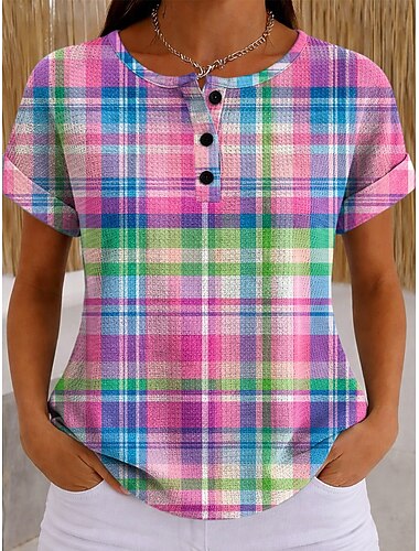  Dames T-shirt Kleurenblok Afdrukken Grafisch Geometrisch Ruitjes Vintage Stijlvol Klassiek Korte mouw Strakke ronde hals Lange tops Casual Dagelijks blauw Blozend Roze Oranje Groen Zomer Lente