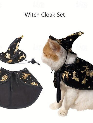  Fantasia de gato para o Halloween, roupa de bruxa, roupinhas para animais de estimação, chapéu mágico, capa com detalhes dourados, acessórios para cosplay de mágico