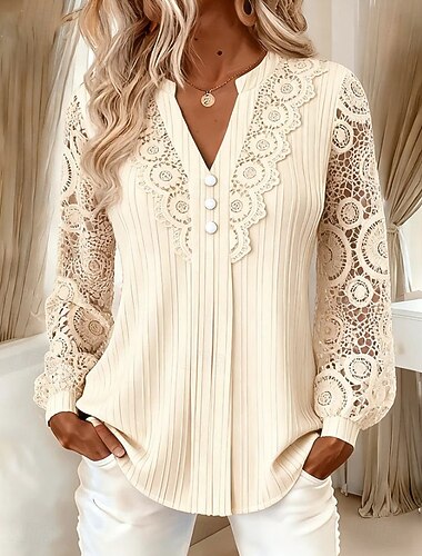  Mulheres Camisa Social Topo de ilhó camisa Boho Camisa de renda Renda Côr Sólida Tecido Elegante Boêmia Ativo Manga Longa Tops longos Casual Azul Preto Marron Verde Bege Verão Primavera Outono