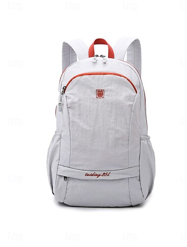  Mochila casual unissex branca e vermelha, leve, ideal para escola, atividades ao ar livre, campus, caminhadas e uso diário, com vários bolsos para homens e mulheres.