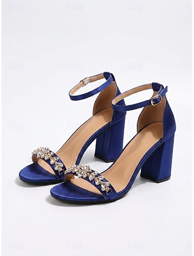  Sandali da donna in raso blu royal scintillante - eleganti décolleté con tacco alto e cinturino alla caviglia con strass a forma di fiore di cristallo, perfetti per cocktail party estivi. &invitato al