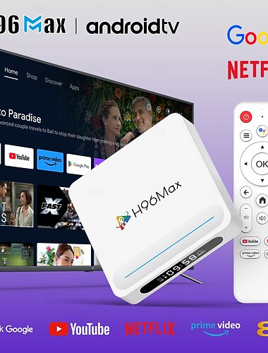  H96 Max Android TV Box 4+128GB, reprodutor de mídia inteligente com streaming 8K Ultra HD, controle remoto por voz com Google Assistente, compatível com Netflix, YouTube, Prime Video, Google Play
