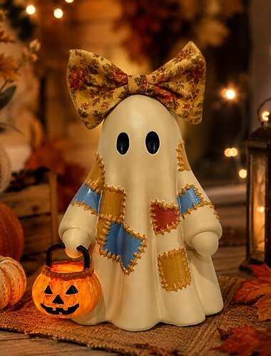  Fantasma de Halloween em miniatura com lanterna de abóbora LED, decoração fofa de resina com laço, decoração de mesa iluminada para ambientes internos, sala de estar, quarto, mesa de jantar, presente