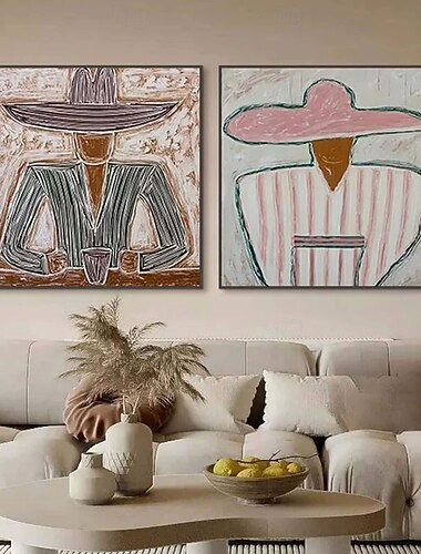  Conjunto de 2 pinturas al óleo de vaqueros del oeste hechas a mano, 2 piezas, arte abstracto de pared de hombre y mujer, arte de pared de pareja de vaqueros en lienzo, arte de pared moderno original