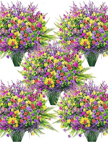  24 bosjes kunstbloemen voor buiten, UV-bestendig, kleurrijke voorjaarsbloemen als kunstbloemen voor tuin, terras, boerderij, huis en bloembakken, balkondecoratie