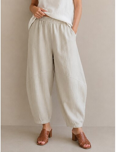  damebukser i lin med medium midje, full lengde, lomme, elastisk linning, ferie, uformelt