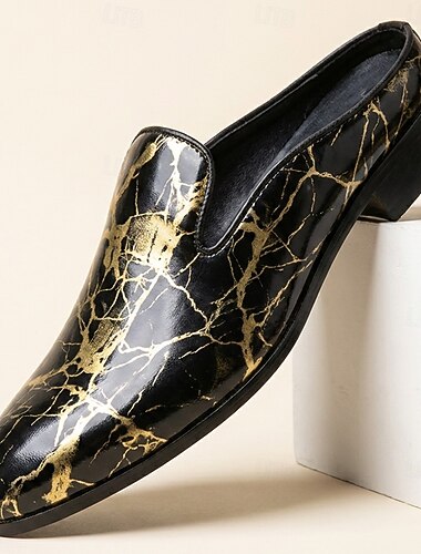  Zwarte herenschoenen met een craquelépatroon in zwart-goud, luxe statement oxford schoenen voor bruiloften, banketten en chique formele evenementen.