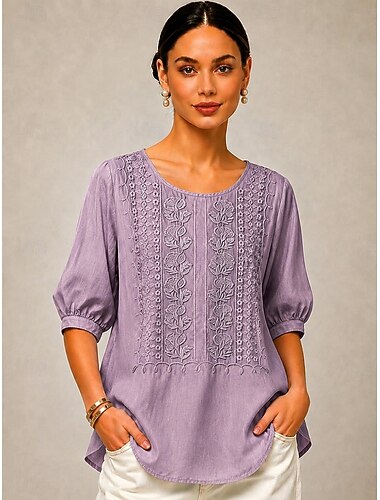  Mulheres Camisa Social Bordado Floral Elegante Boêmia Férias Gola Redonda Tops longos Casual Diário Feriado Azul Amarelo Roxo Claro Verão Primavera