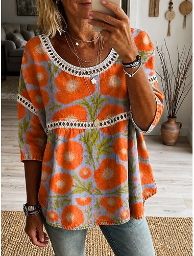  Dames Overhemd Oogje top Tuniek Afdrukken Bloemig Grafisch Vintage Dagelijks Stijlvol 3/4 mouw Strakke ronde hals Normale tops Casual Dagelijks blauw Khaki Rood Oranje Zomer Lente