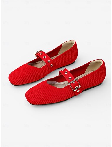  Ballerines rouges Mary Jane pour femmes - chaussures à bout carré en maille côtelée avec bride ajustable, idéales pour le bureau, les trajets quotidiens et les promenades décontractées.
