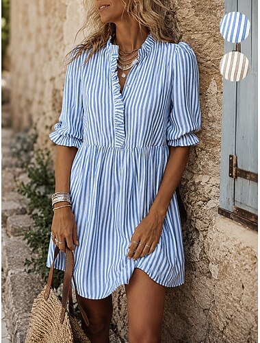  Per donna Abito al ginocchio Abito a trapezio Elegante Quotidiano Vestibilità regolare A righe Mezza Manica Collo alla coreana Blu Cachi Estate Autunno