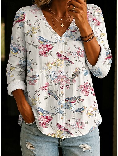  Dame Bluse Knapper Trykt mønster Blomstret Grafisk Elegant Ferie Stilfull Langermet V-hals Vanlige topper Avslappet Daglig Blå Rosa Sommer Vår