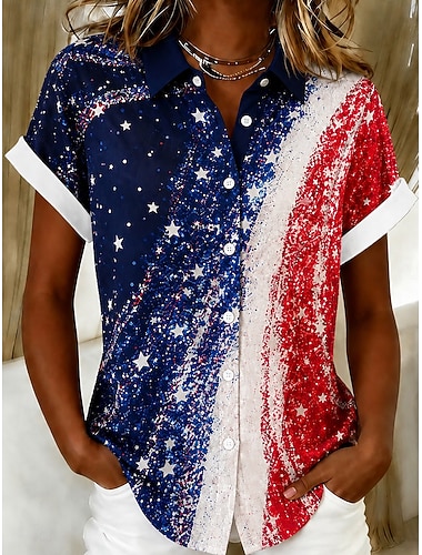  Amerikansk självständighetsdag kvinnors skorta kortärmad grafisk flagga vintage stilig avslappnad ärmlös skjorta krage vanlig topp daglig blå vit ljusblå sommar vår
