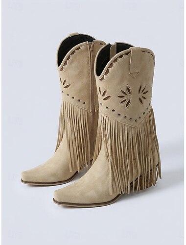  Dames western cowboylaarzen met franjes, beige geborduurde laarzen tot halverwege de kuit met een stevige hak, perfect voor openluchtmuziekfestivals, countryconcerten en boho-feesten.