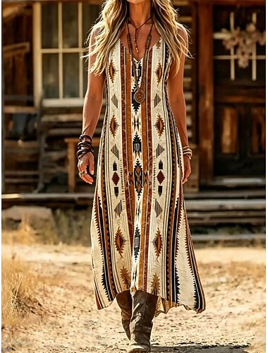  Damskie Sukienka maxi Sukienka letnia Letnie sukienki Urlop Codzienny Boho Codzienny Święto Wyjściowe Luźna Kwiaty Bez rękawów W serek Ciemnobrązowy Jasnobrązowy Żółtobrązowy Lato Wiosna