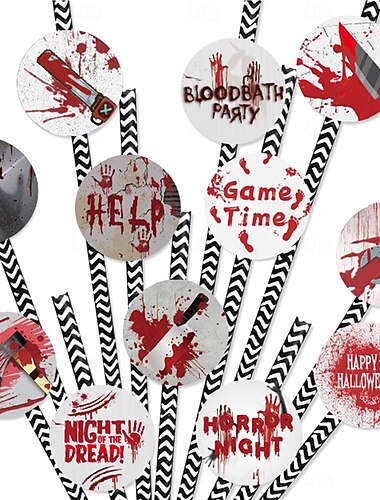  12 st Halloween-sugrör med blodavtryck av papper, dekorativa sugrör för Halloween-fest, skräcktema, spökhus, cocktailbar, födelsedagsfest, dryckesdekorationer och festtillbehör
