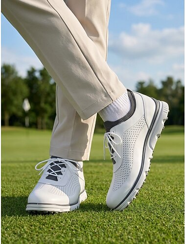  Tênis de golfe masculino branco, com cadarço, calçado esportivo confortável e antiderrapante para golfe, eventos ao ar livre e uso diário.