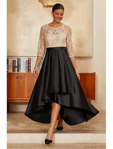  Femmes Ligne A Robe haute-basse Longueur cheville Col ras du cou Manche 3/4 Élégant Cocktail avec Satin Dentelle Paillettes Perlé Combinaison