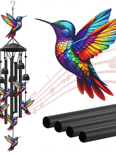  Campana de viento vintage colorida con colibríes para exteriores, campanillas de viento de metal negro para exteriores, regalos de colibríes para mujeres/hombres, decoración de jardín/patio, regalos