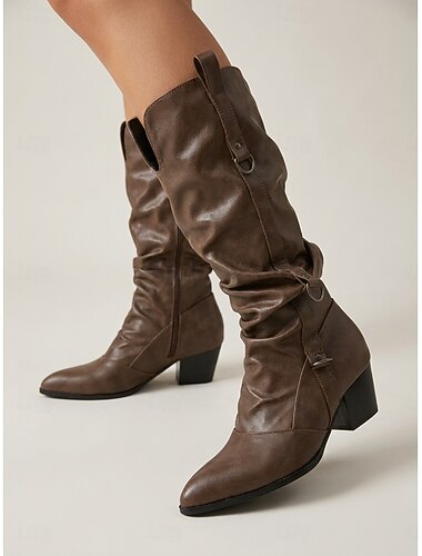  Donkerbruine cowboylaarzen voor dames - nonchalante westernlaarzen met spitse neus en stevige hakken, perfect voor een rechte jeans, casual streetwear of kantoor.
