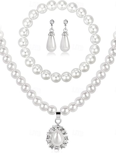  Sieradenset 3 Imitatieparel 1 Ketting 1 Armband Oorbellen Dames Elegant Luxe Sieraden set Voor Feest