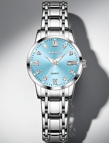  Montre-bracelet pour femme, élégante montre habillée avec bracelet en acier inoxydable argenté, cadran bleu glacier avec index en cristal, montre à quartz étanche avec date, montre de ville tendance