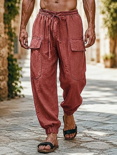  Homens Calças de linho Calças Calção Calça verão Calças largas Punho com Elástico Tecido Conforto Respirável Comprimento total Casual Diário Feriado Férias Moda Cáqui Preto Sem Elasticidade