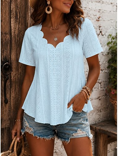  Dames Pointelle shirt Oogje top Blouse Vetergat Effen Actief Basic Casual Korte mouw V-hals Normale tops Casual Dagelijks Strand Wit Zwart Geel Blozend Roze Wijn Zomer Lente