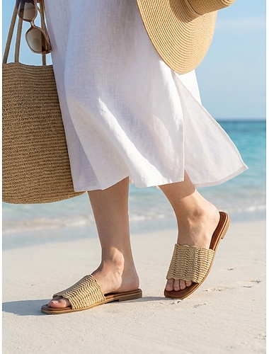  Dames instapsandalen voor de zomer - ademende havermoutbeige slippers voor een linnen jurk of strandvakantie