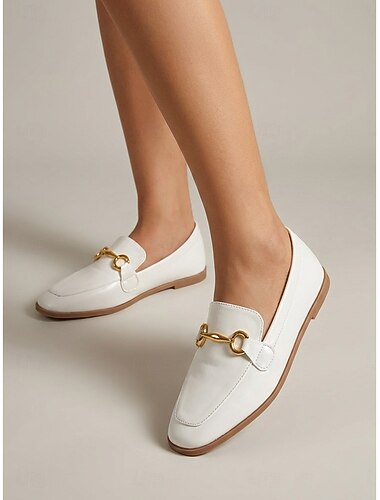  Weiße Damen-Loafer mit Pferdegebiss-Verschluss, klassische flache Slipper mit eckiger Spitze für Büro, Business Casual, Pendeln und Alltag