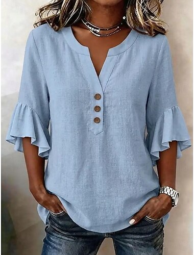  Mujer Camisas con tacto de lino Blusa Remera de algodón Volante Botones Color sólido Diario Elegante Casual Manga 3/4 Escote en Pico Tops cortos Casual Diario Azul Piscina Amarillo Rosa Verde Trébol