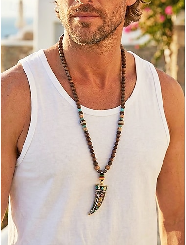 Herenketting met bohemian halvemaanvormige hanger van hoorn, lange ketting met houten kralen, etnische tribale legering &Statement ketting met houten kralen, veelkleurige vintage mode sieraden,