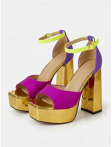  Damessandalen met platformzool in discostijl uit de jaren 70, metallic gouden, dikke hoge hakken met een enkelbandje in kleurblokken, perfect voor retrofeestjes, dansen, verkleedpartijen en nachtclubs.