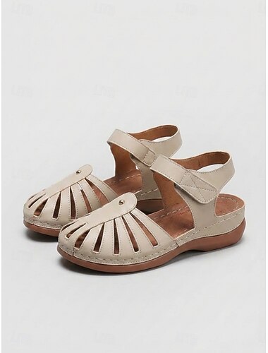  grå damsandaler med stängd tå – bekväma sandaler med utskuren ovandel &justerbart magiskt tejp för sommarutflykter, promenader och resor