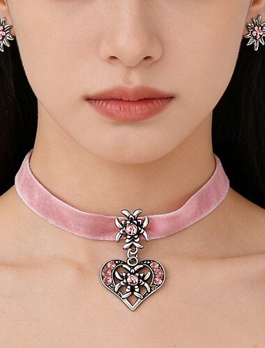  Oktoberfest Set de Bijoux Ensemble collier et boucles d'oreilles Cœur Edelweiss Bavarois Allemand Munich Prairies Femmes Carnaval Fête de la Bière Tissu de style traditionnel